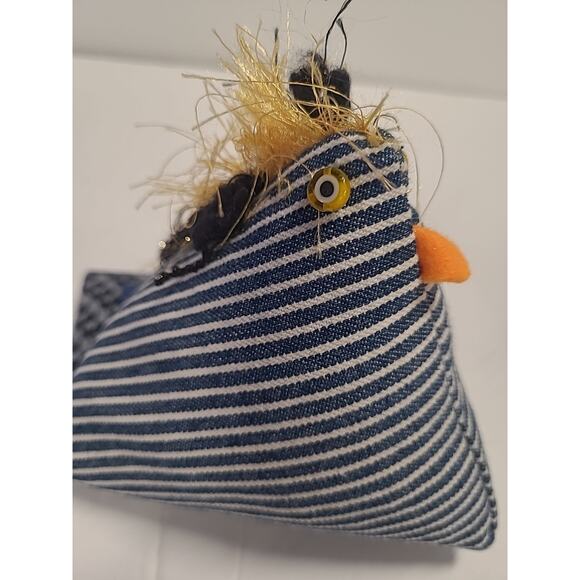 Chicken Pin Cushion Desk Weight Handmade Blue White Striped - Picture 7 of 9